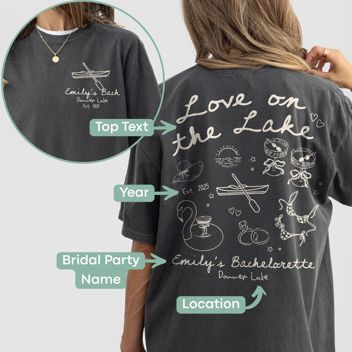 How-to guide demonstrating the customization steps for a bachelorette party shirt featuring a lake or mountain camping design
