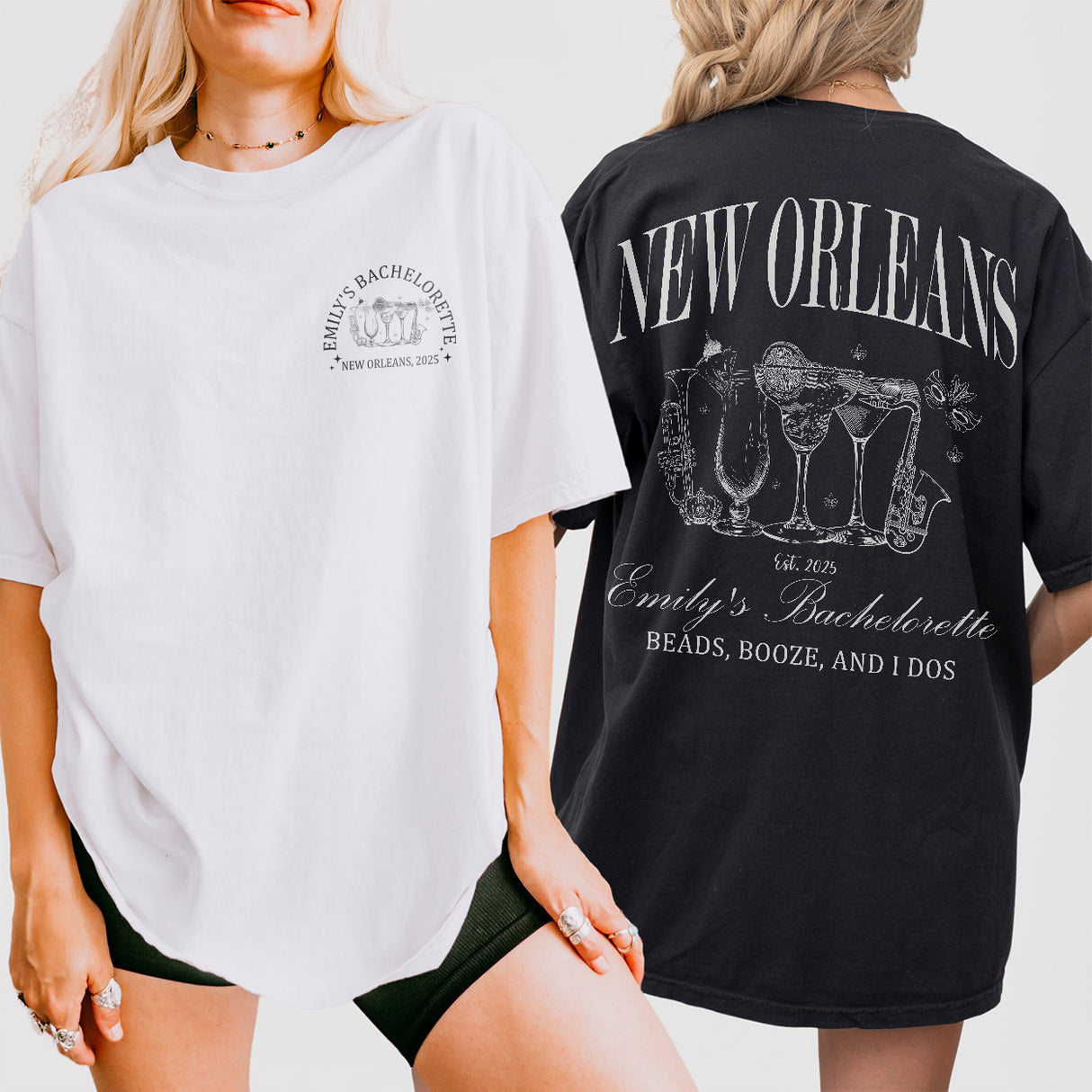 Matching cotton shirts for a New Orleans bachelorette party, Mardi Gras themed bride and bridal party shirts for a girls trip to NOLA