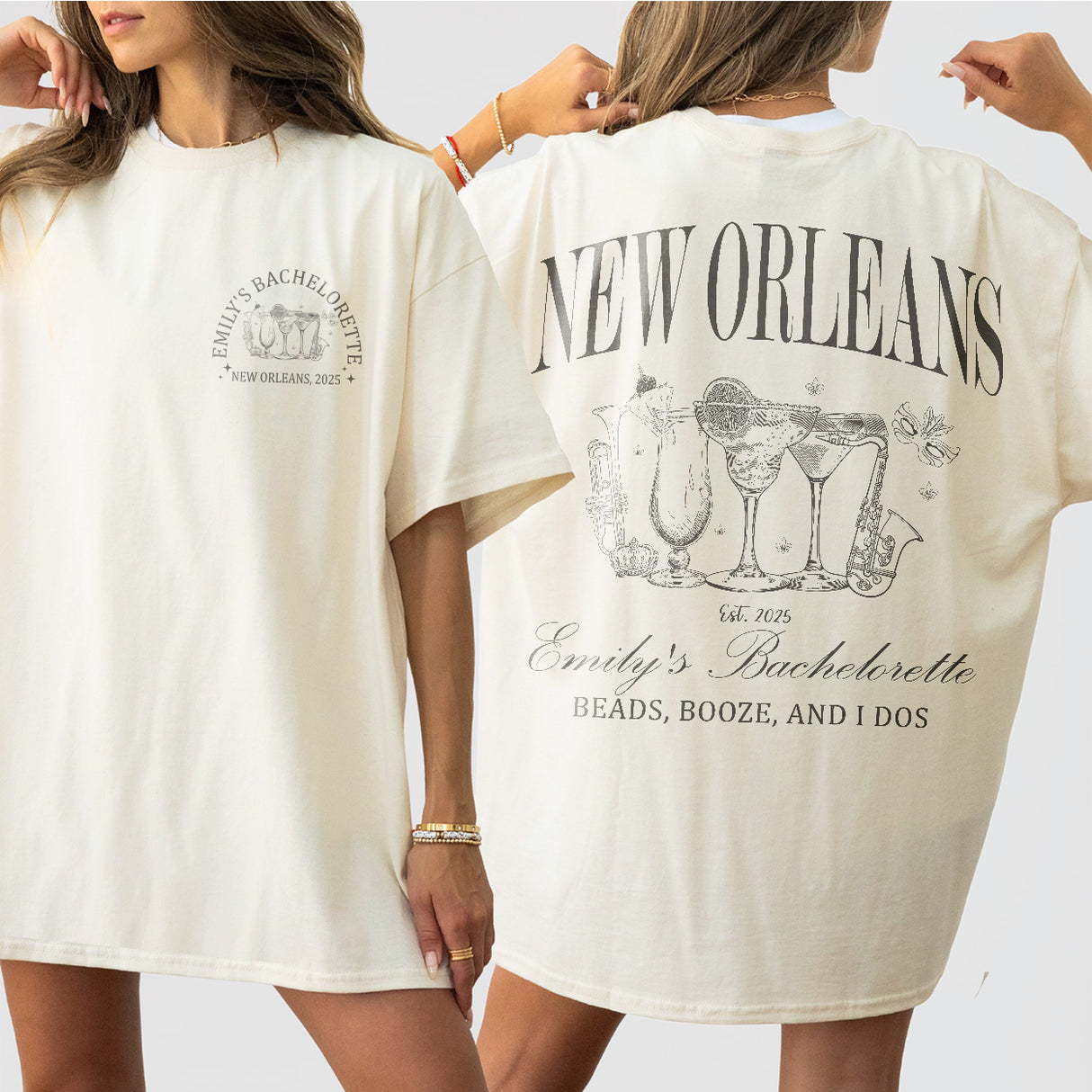 Ivory cotton bachelorette party shirt custom printed for New Orleans Mardi Gras themed bachelorette weekends and girls trips