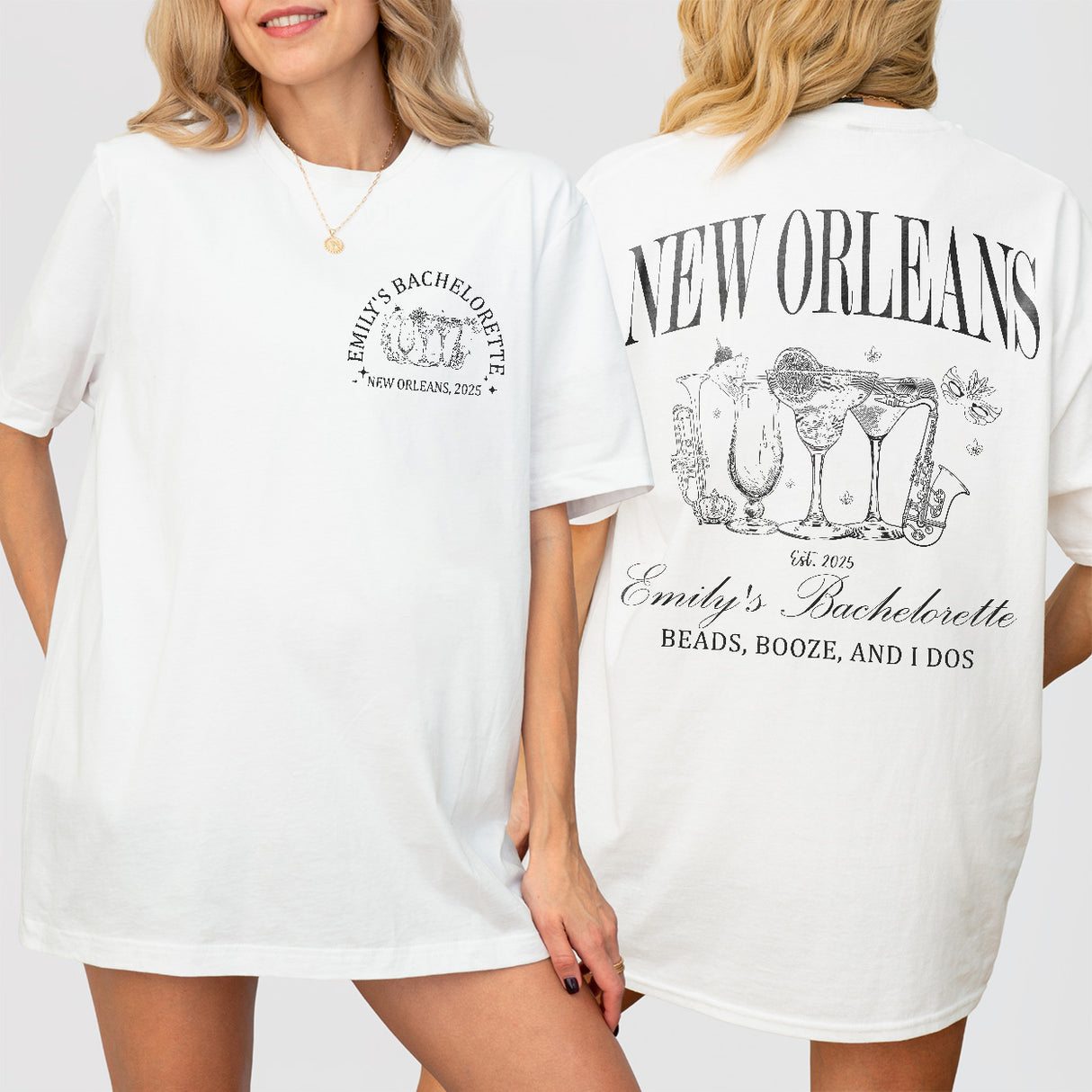 White cotton bachelorette party shirt for a New Orleans girls trip, featuring customized Mardi Gras or NOLA bride designs