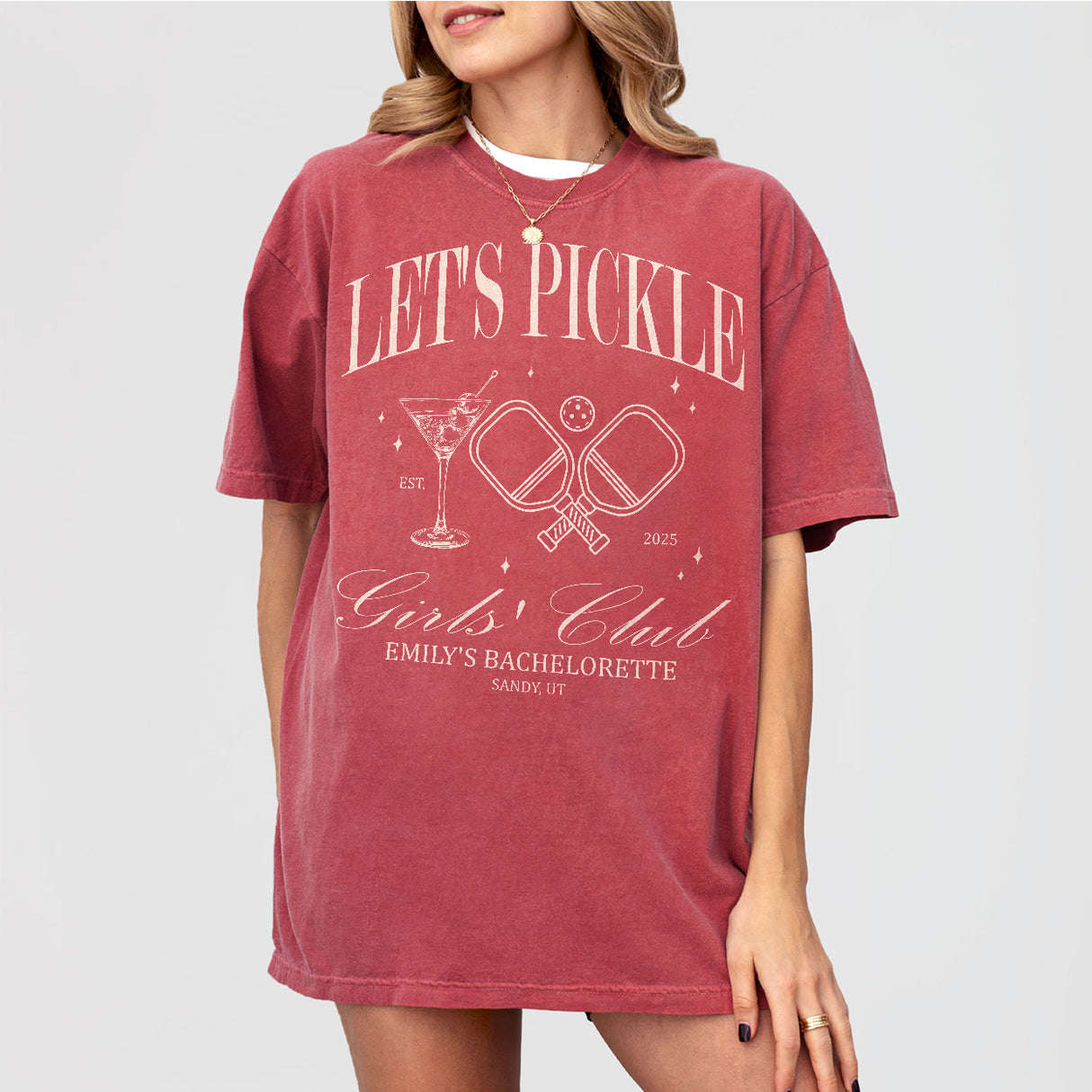 Crimson cotton shirt perfect for a pickleball-themed bachelorette party or girls club outing before the last swing into married life