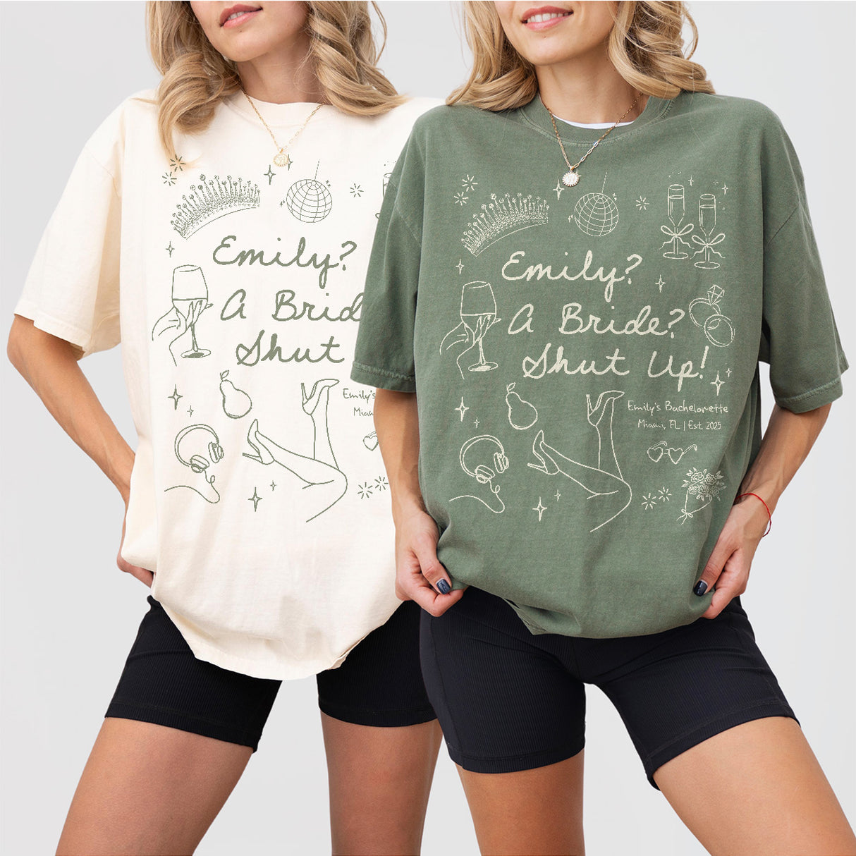 Matching bridal party bachelorette shirts with custom bride and bridal party nicknames on soft colored tees