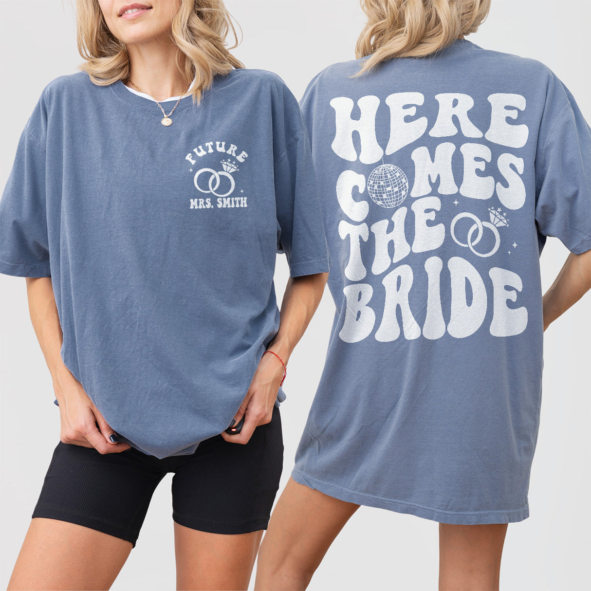 Retro blue jean bachelorette shirt with disco theme for the bride-to-be and bridal party, perfect for a fun bachelorette weekend