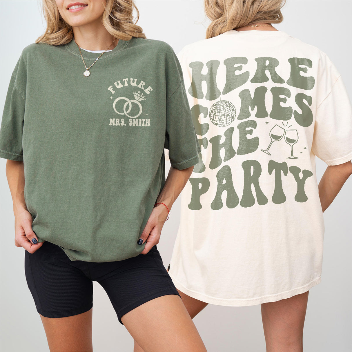 Retro disco-inspired bachelorette party shirts for the bride and bridesmaids coordinating matching outfits as gifts