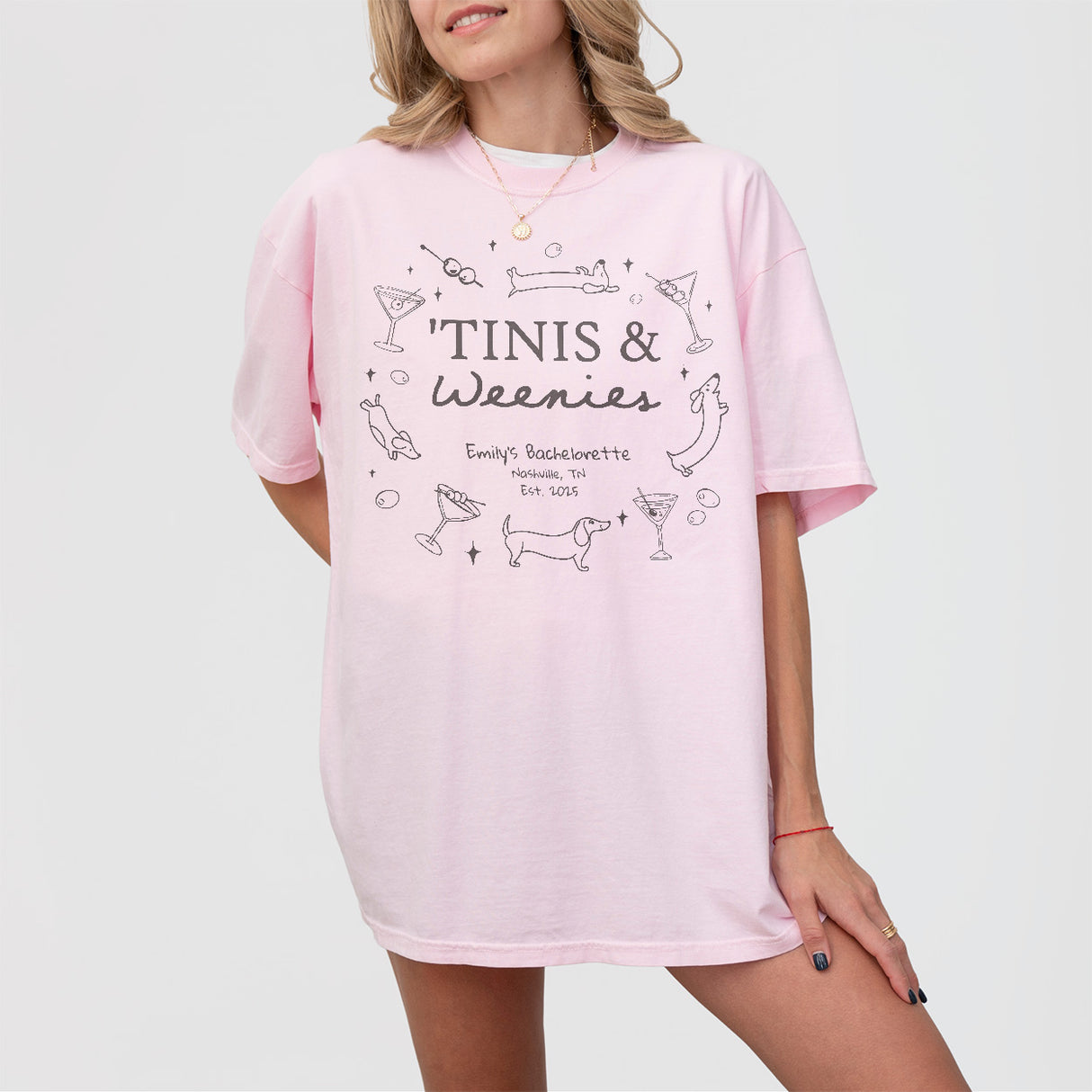 Custom Weenies and Tinis Bachelorette Party Shirt Comfort Colors Personalized Weenies & Martinis Dachshund Dog Bachelorette Matching Tshirt - Blossom Product Image