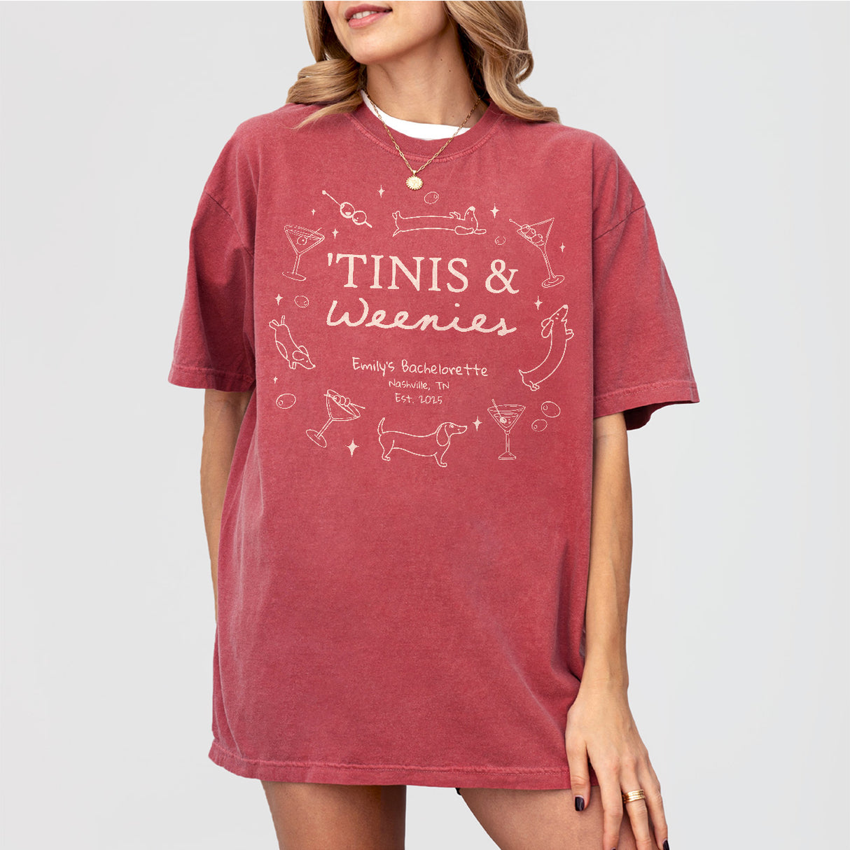 Custom Weenies and Tinis Bachelorette Party Shirt Comfort Colors Personalized Weenies & Martinis Dachshund Dog Bachelorette Matching Tshirt - Crimson Product Image