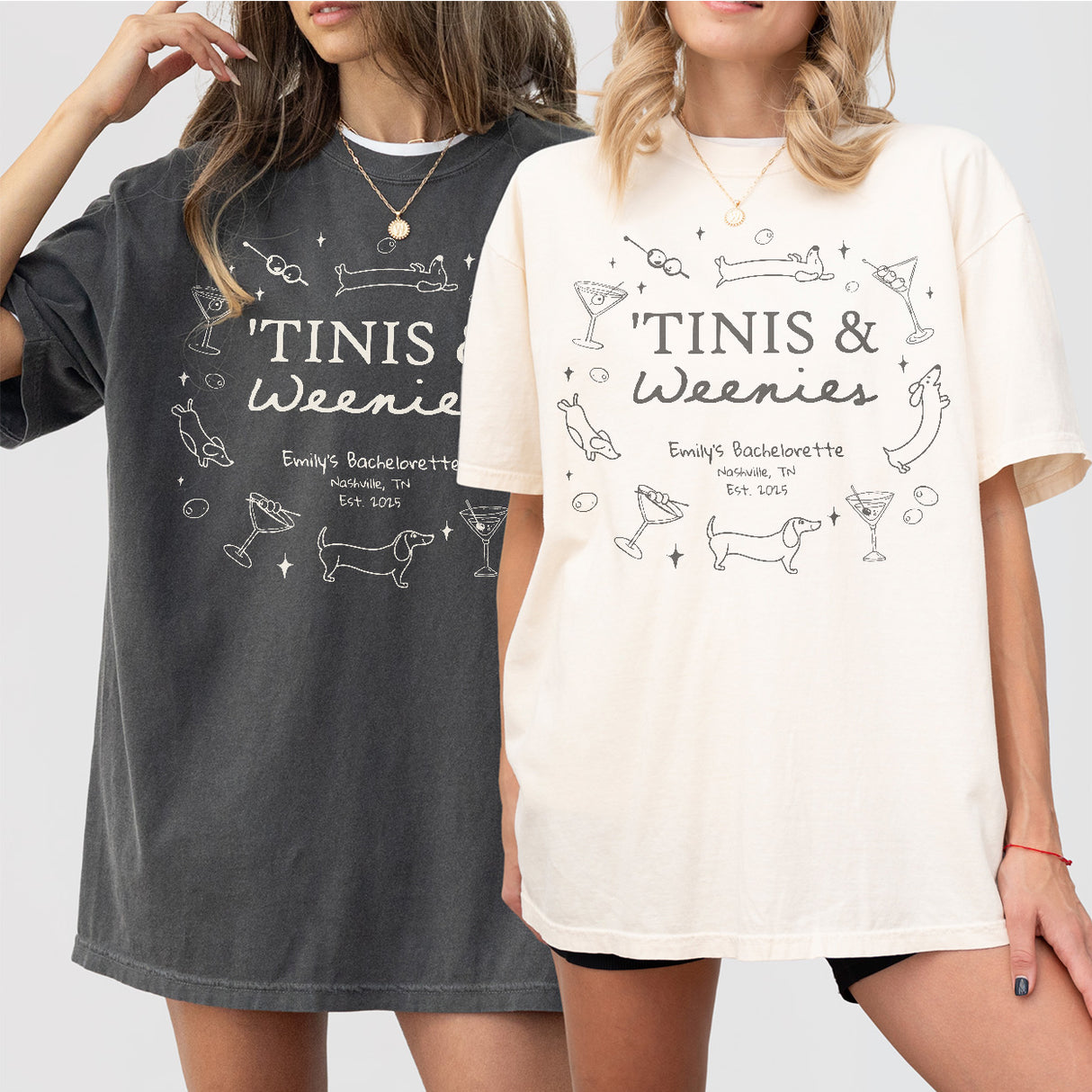 Custom Weenies and Tinis Bachelorette Party Shirt Comfort Colors Personalized Weenies & Martinis Dachshund Dog Bachelorette Matching Tshirt - matching Image