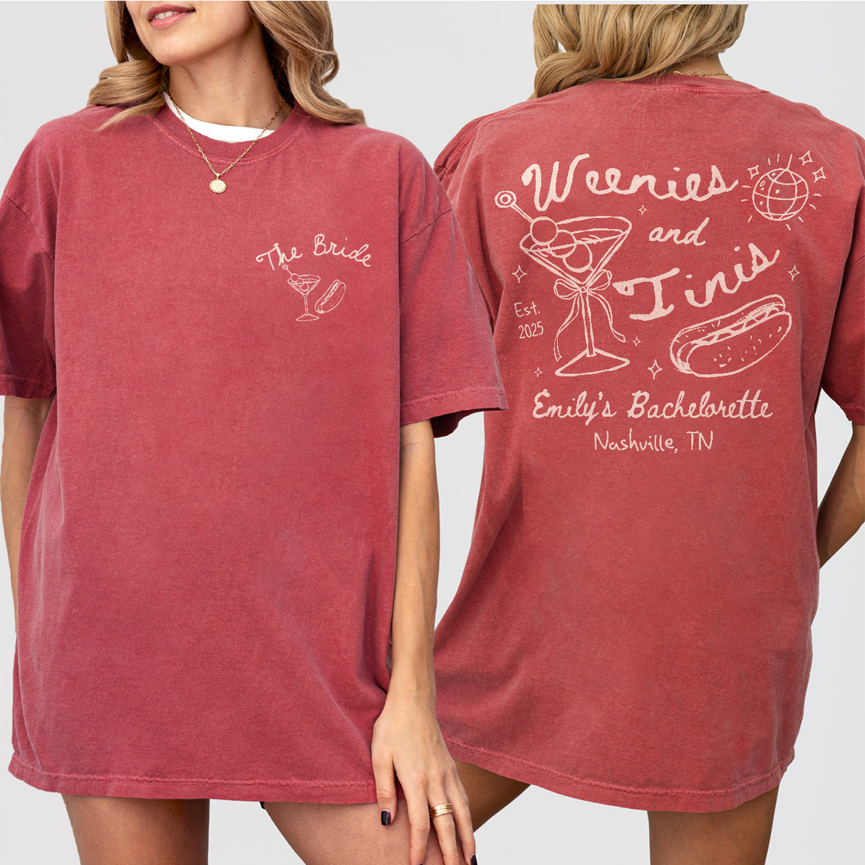 Custom Weenies and Tinis Bachelorette Party Sweatshirt Personalized Weenies and Martinis Bach Mathing Tshirt Hot dog Martini Bach Crewneck - Crimson Product Image