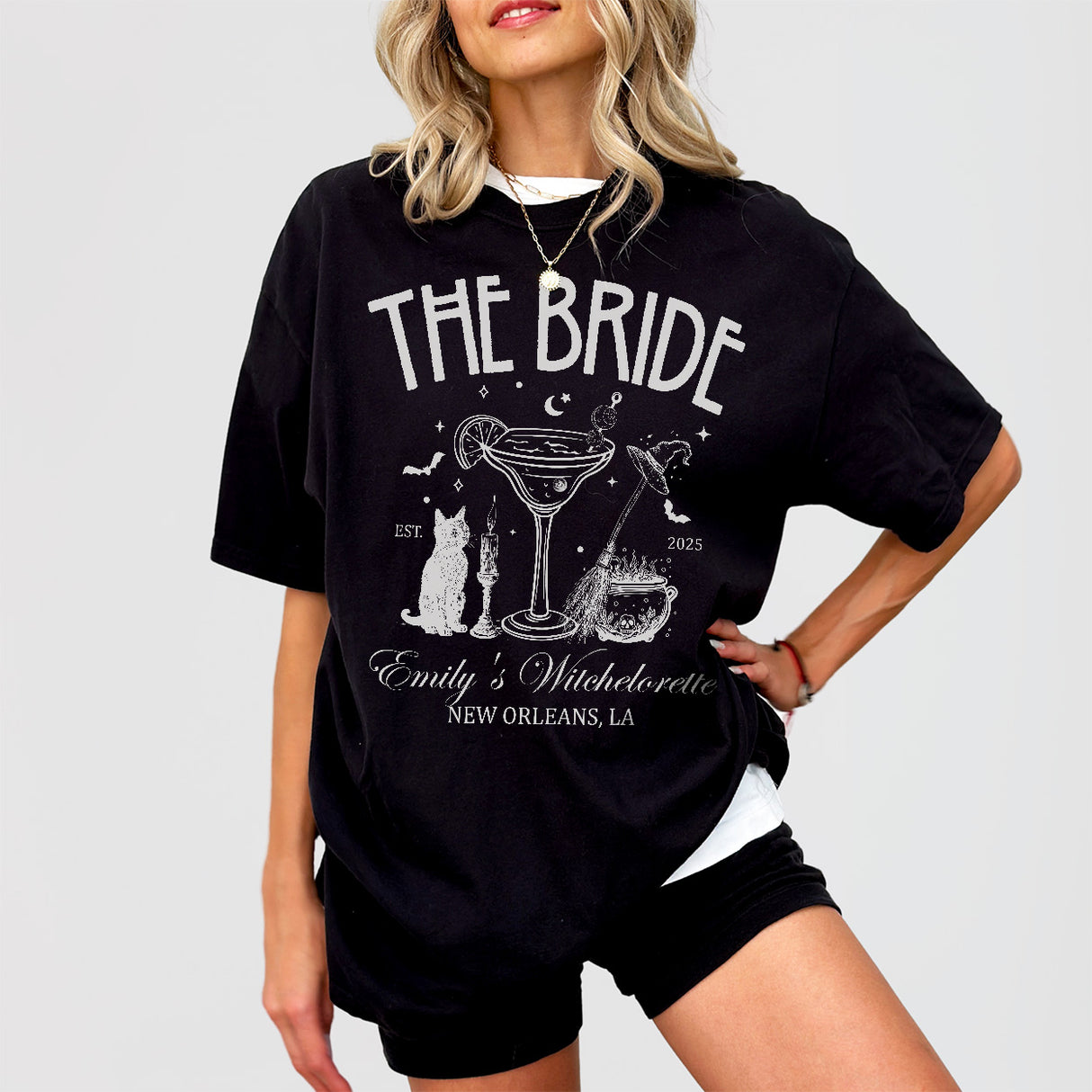 Spooky witchy black cotton shirt for the bride-to-be to wear for a gothic Halloween bachelorette or wedding party with her coven
