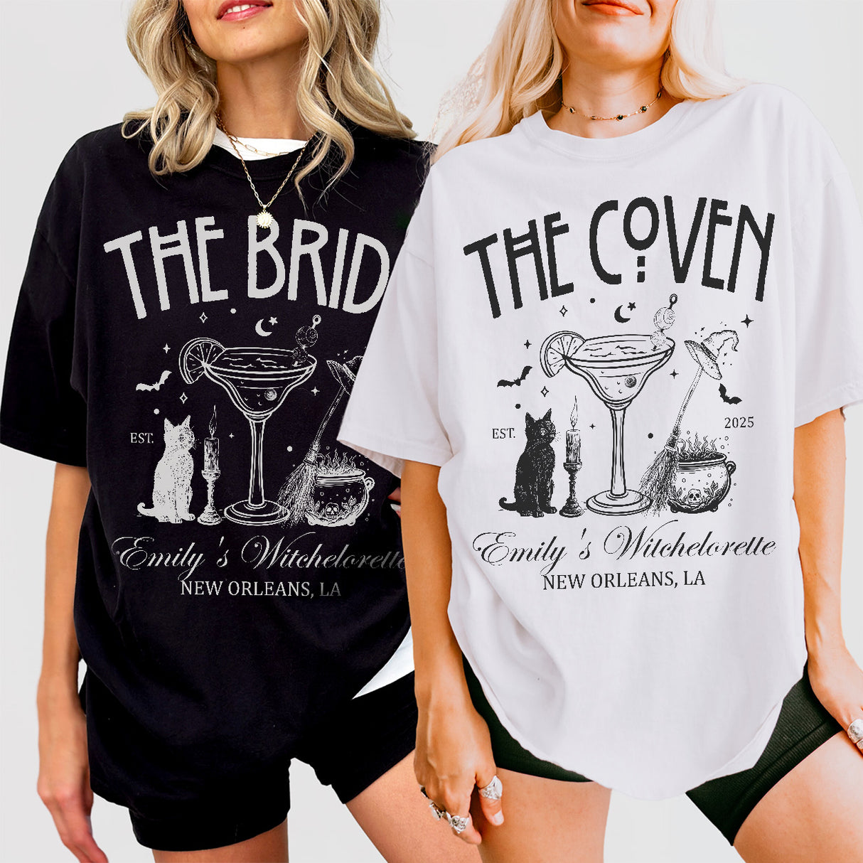 Matching witchy bachelorette shirts for the coven, perfect for a spooky gothic bridal party gift or Halloween bachelorette celebration