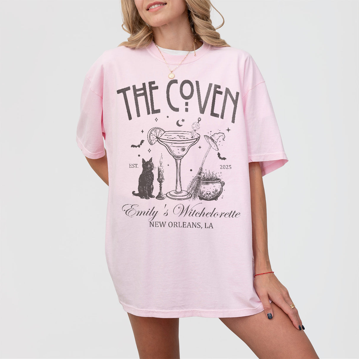 Blossom pink cotton shirt for a witchy gothic bride-to-be or bachelorette with coven and spooky Halloween wedding theme