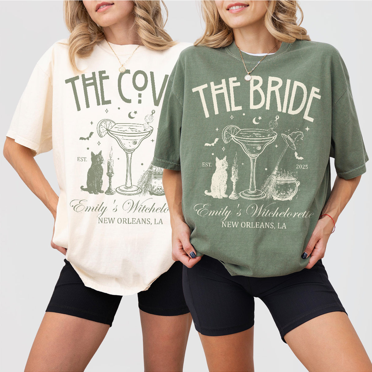 Matching witchy bachelorette shirts for the coven's spooky bridal party, gothic wedding or Halloween celebration group outfits