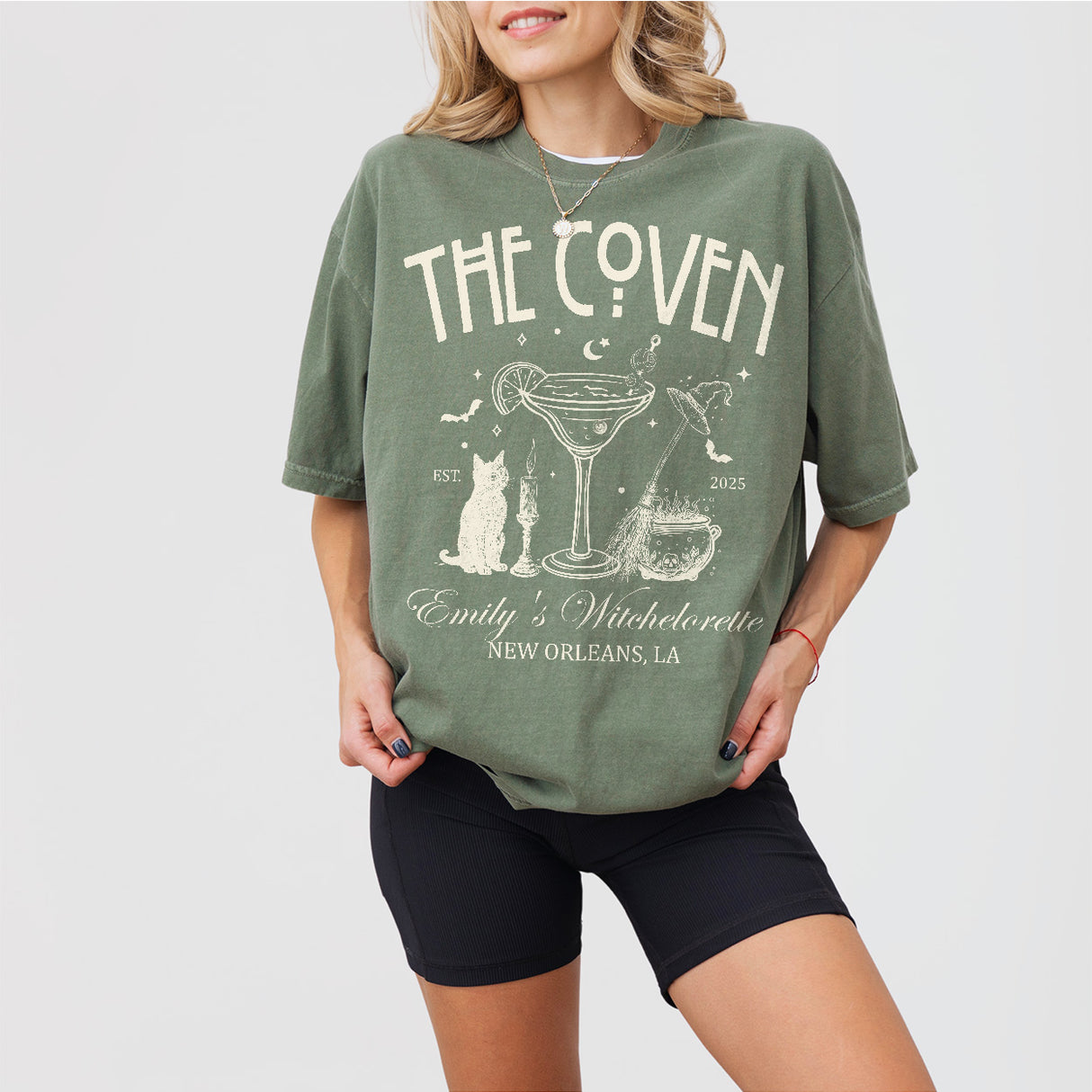 Moss green cotton shirt with witchy coven theme for bachelorette parties, Halloween weddings, and spooky bridal gifts for the witchy bride