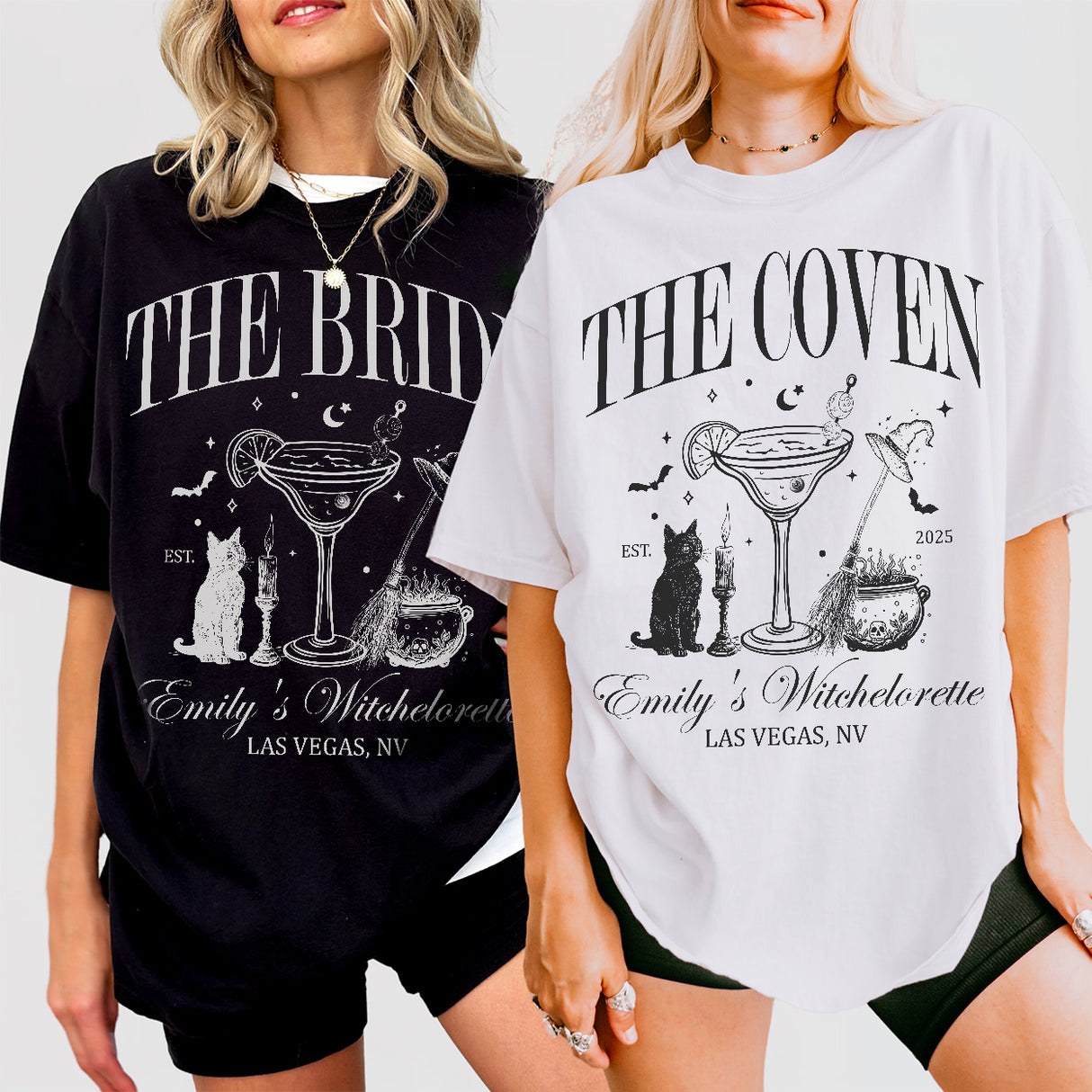 Matching witchy bachelorette shirts for a gothic or Halloween bridal party, showing spooky bridal coven group coordination gifts