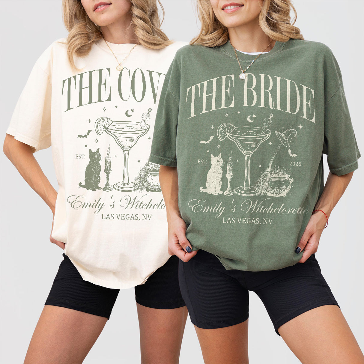 Matching gothic witchy bachelorette shirts for the coven, spooky bridal party group gifts for a Halloween or gothic wedding celebration