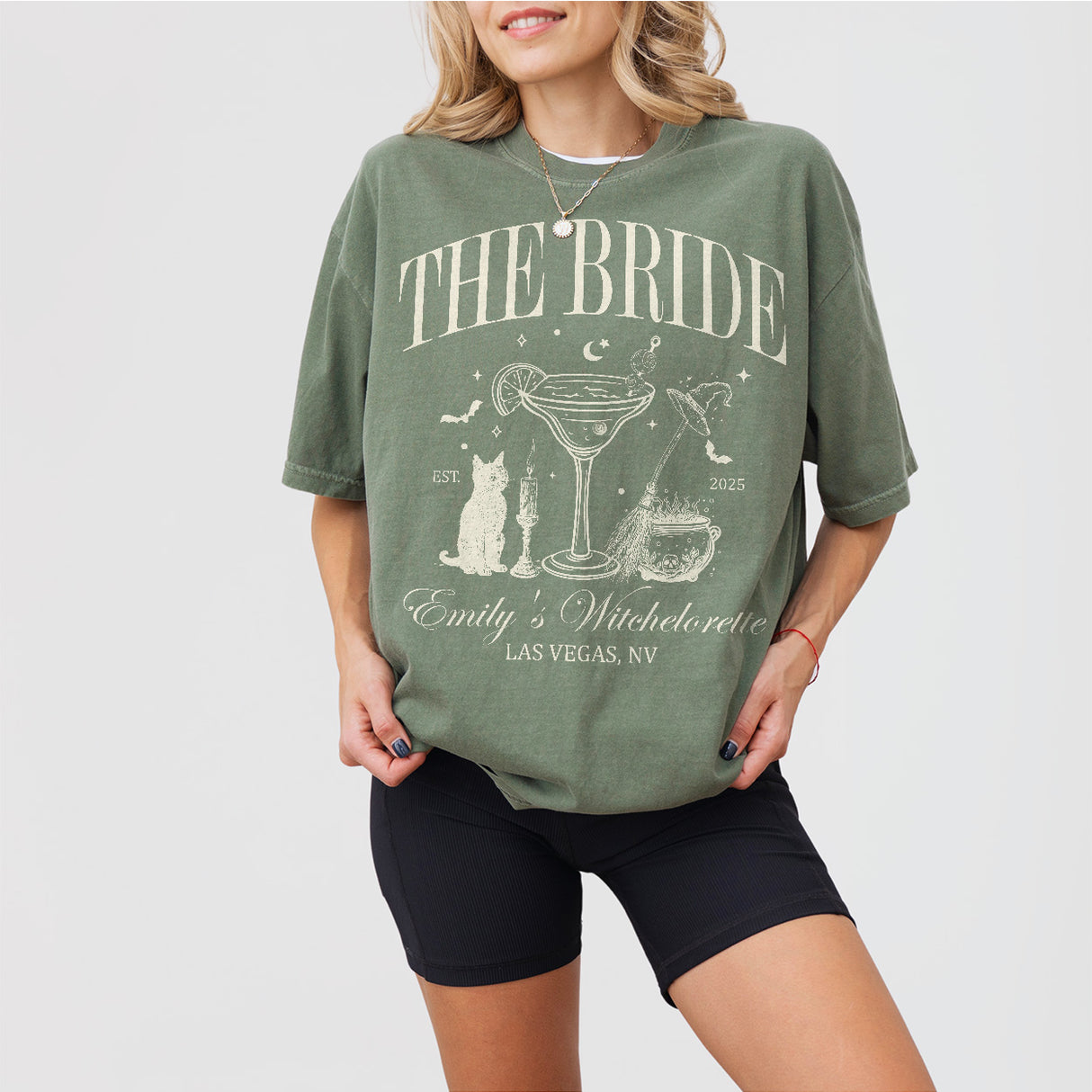 Moss green cotton shirt for a witchy, gothic bride or coven member celebrating a spooky Halloween or gothic-themed bachelorette party