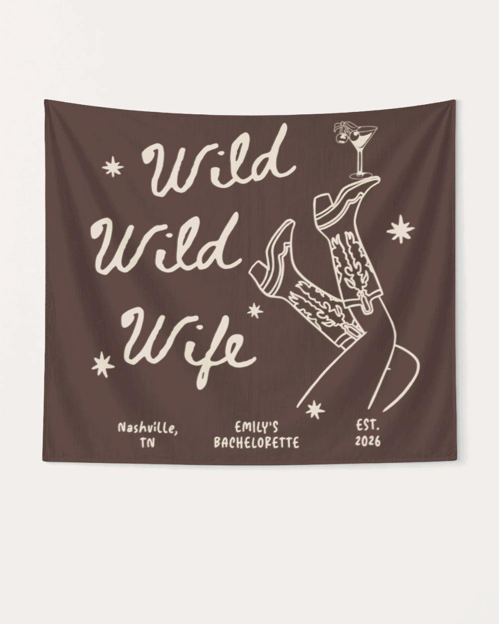 Bride and bachelorette party banner with Wild Wild Wife cowgirl and martini theme. Personalized with bride name, destination city, and weekend year for the full crew celebration.