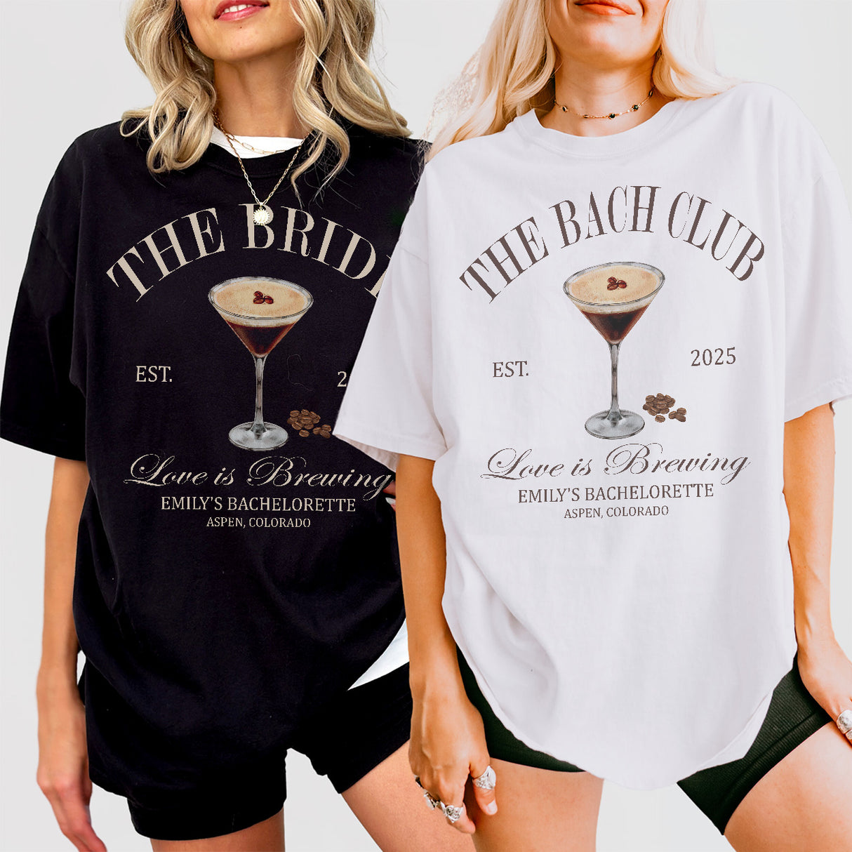 Cozy bachelorette party sweatshirts featuring an espresso martini design for the bride and bridal party to wear while celebrating