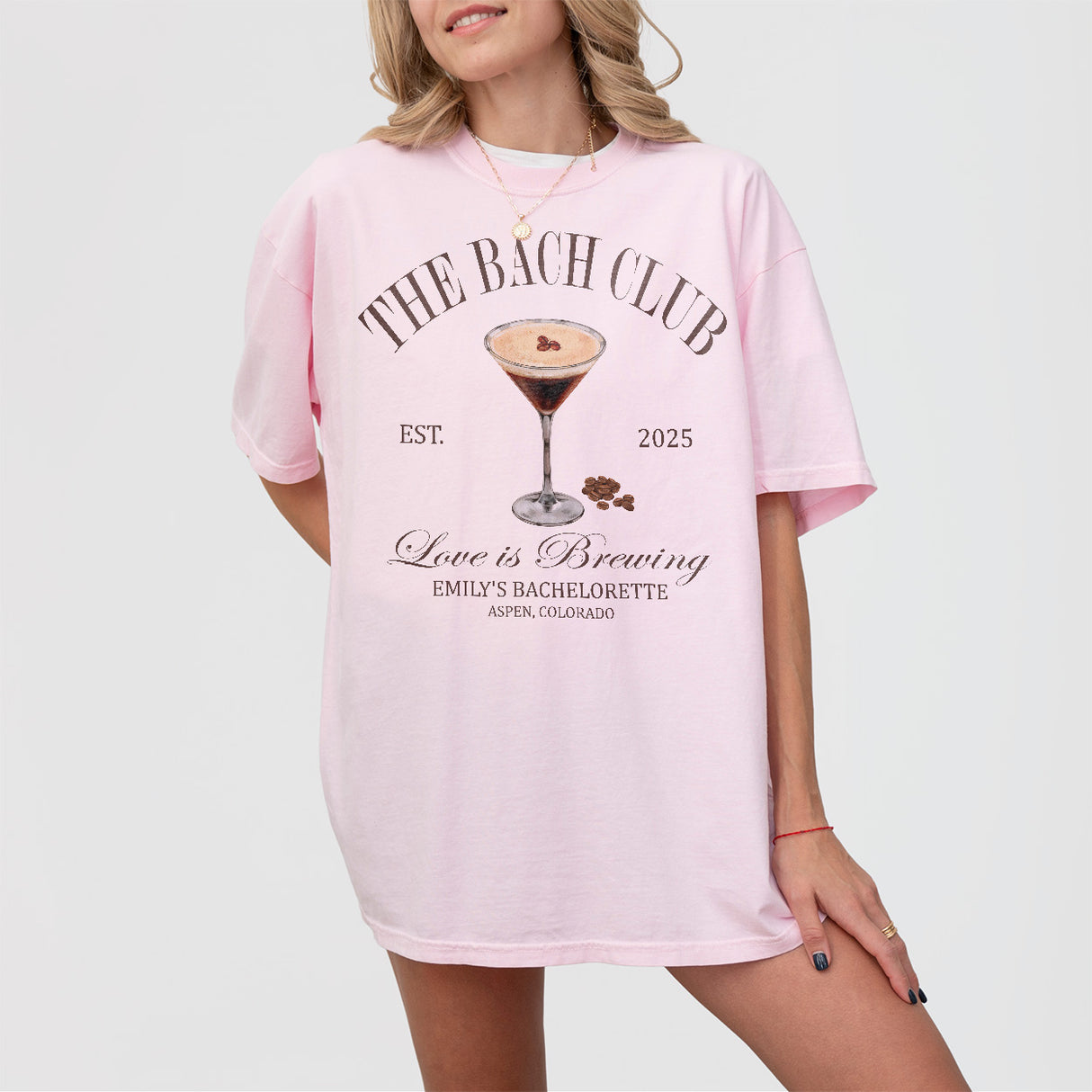 Cozy bachelorette party sweatshirt in blossom color, featuring an espresso martini design - perfect for the bride or bridesmaids