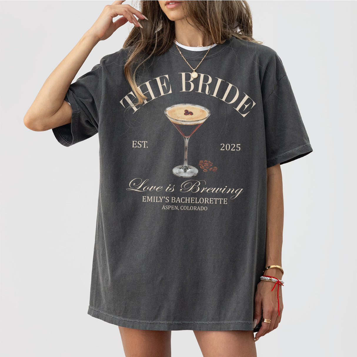 Pepper bachelorette party sweatshirt with "Love is Brewing" design, perfect for the bride-to-be and her bach club during wedding festivities