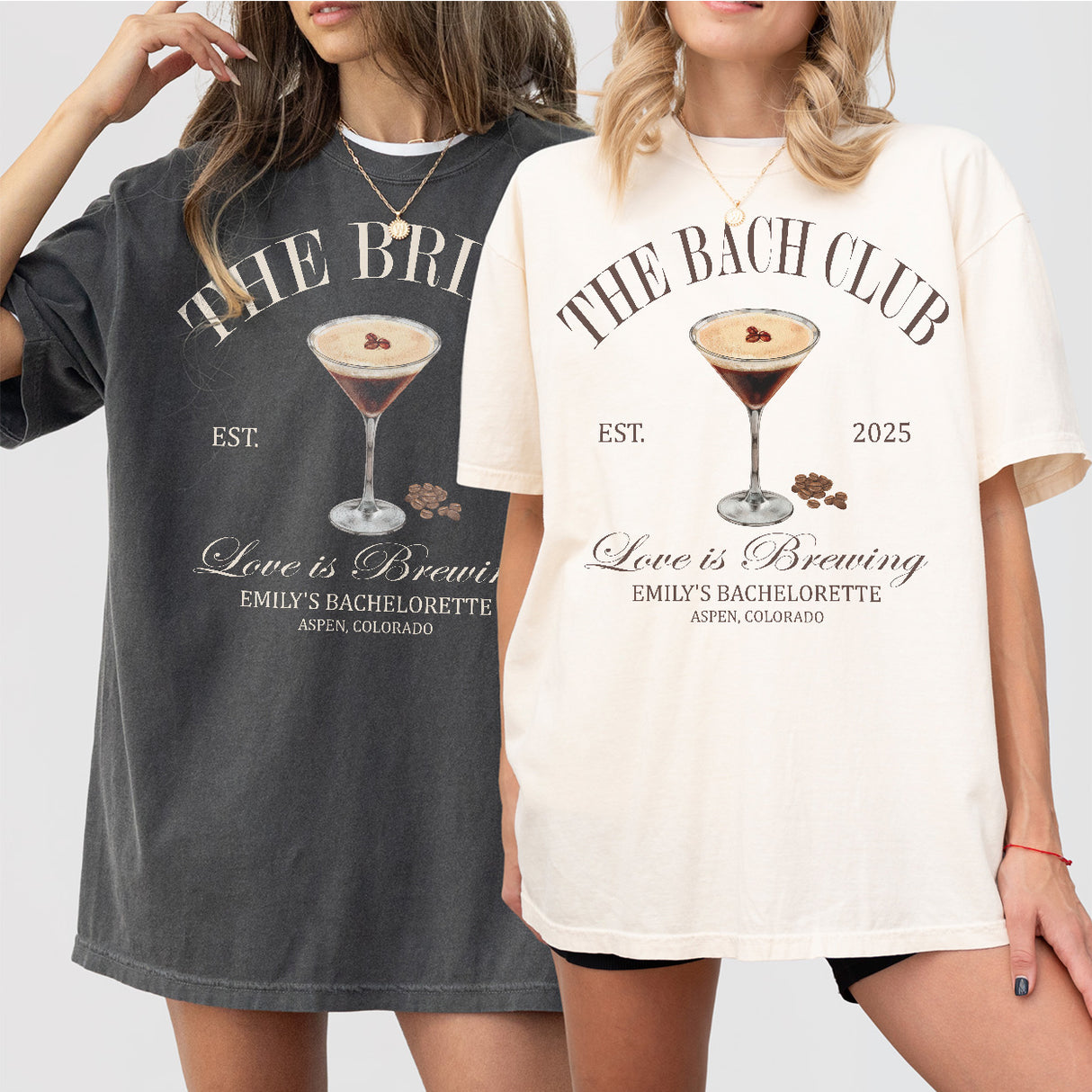 Espresso martini bachelorette party shirts for the bride and bridesmaids, matching brown sweatshirts with "Love is Brewing Bach Club" design