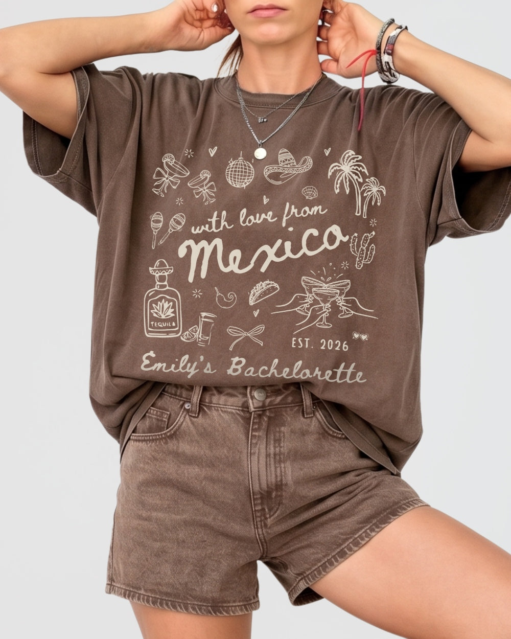 Bride and bridesmaids matching bachelorette tees with vintage botanical line-art and script lettering. Personalized with bride name, destination, and year for a Mexico girls weekend crew.