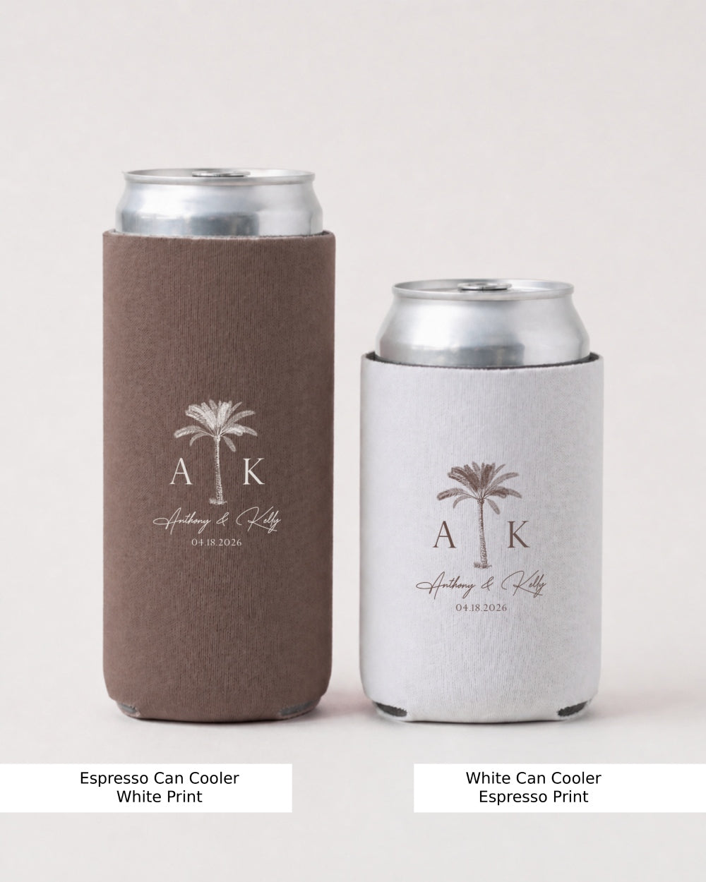 Personalized wedding can cooler with couple initials, wedding date, and palm tree beach design. Custom favor for tropical or destination beach weddings, fits standard cans.