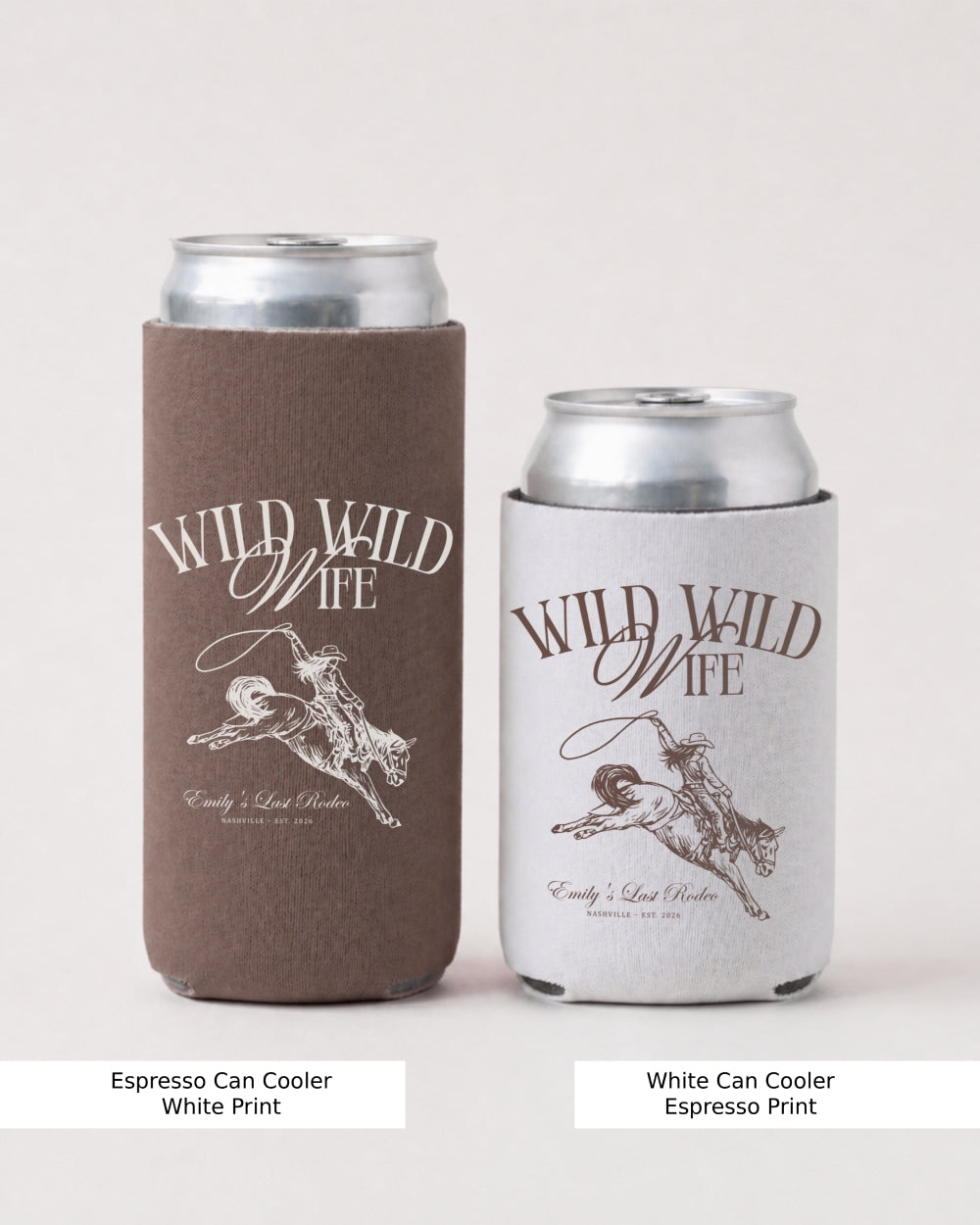 Personalized Wild Wild Wife can cooler with vintage cowboy illustration and elegant script, customizable with bride name and bachelorette details for the whole crew.