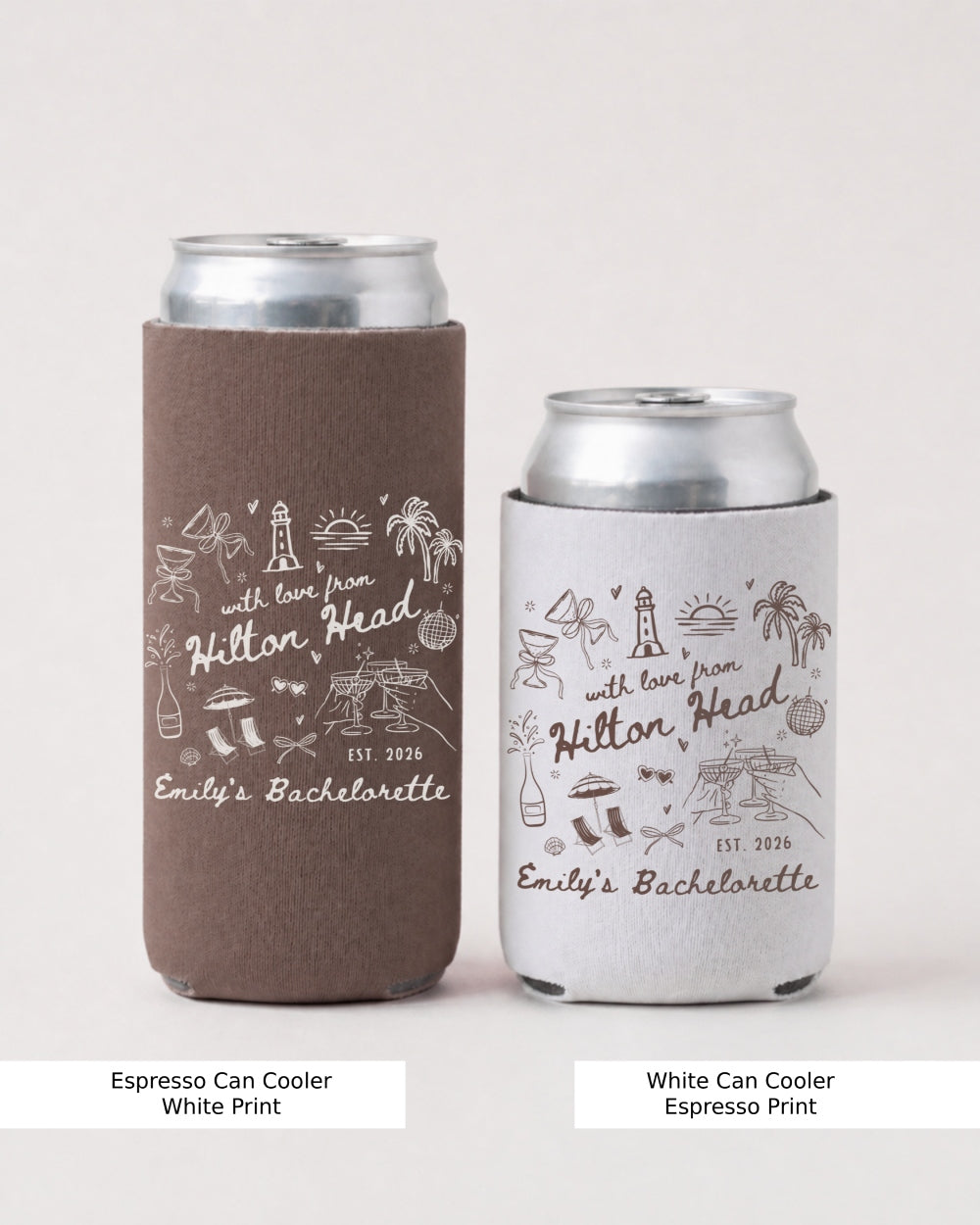 Personalized bachelorette can cooler with destination name and bride name, whimsical line-art doodle design. Custom bachelorette weekend favor for the whole crew at any beach or island getaway.