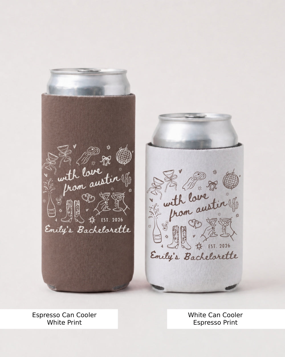 Personalized bachelorette can cooler with custom destination city and trip details, minimalist doodle art. Bride squad early bachelorette party favor, city name customizable for any getaway.