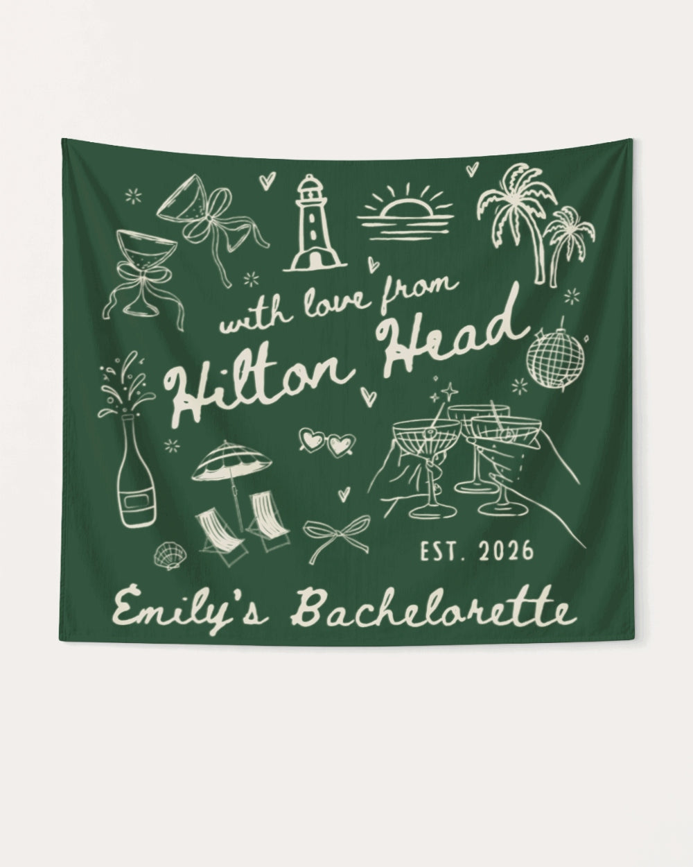 Personalized bachelorette party banner with bride name, destination city, and year in whimsical hand-drawn script and doodle art. Custom keepsake for the bridal crew's weekend celebration.