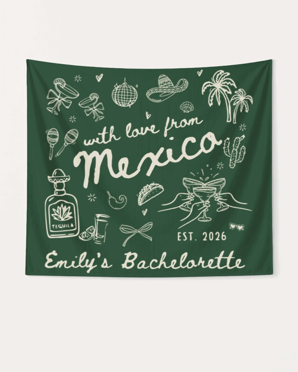Personalized Mexico bachelorette banner with bride name, destination, and year customizable. Hand-drawn vintage line-art style, perfect for the bachelorette crew's trip photo backdrop.