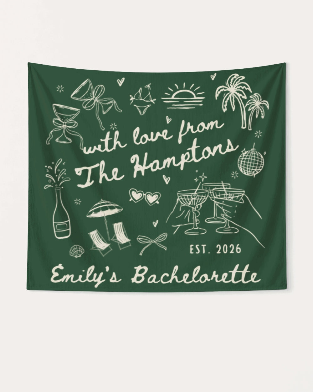 Matching bachelorette banner for a Hamptons-themed weekend party. Personalized with bride name, year, and destination. Minimalist doodle art, perfect decor for the whole bridal crew.