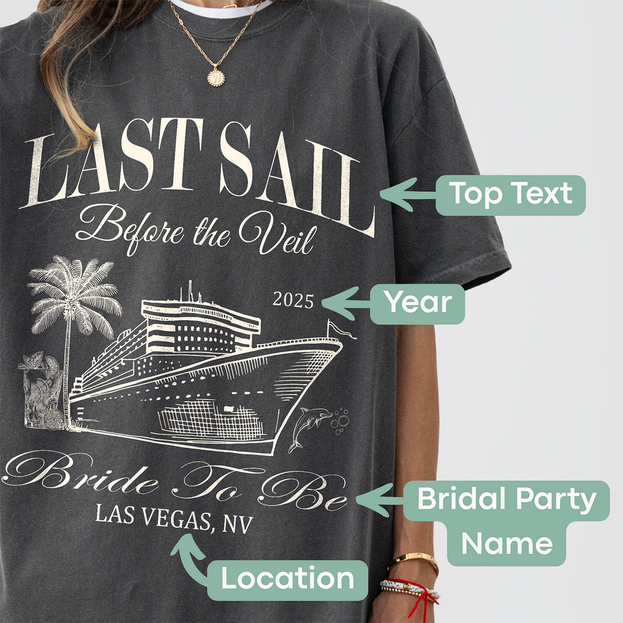 Moss green cotton t-shirt with 'Last Sail Before Veil' design, part of Relatee's nautical bachelorette collection