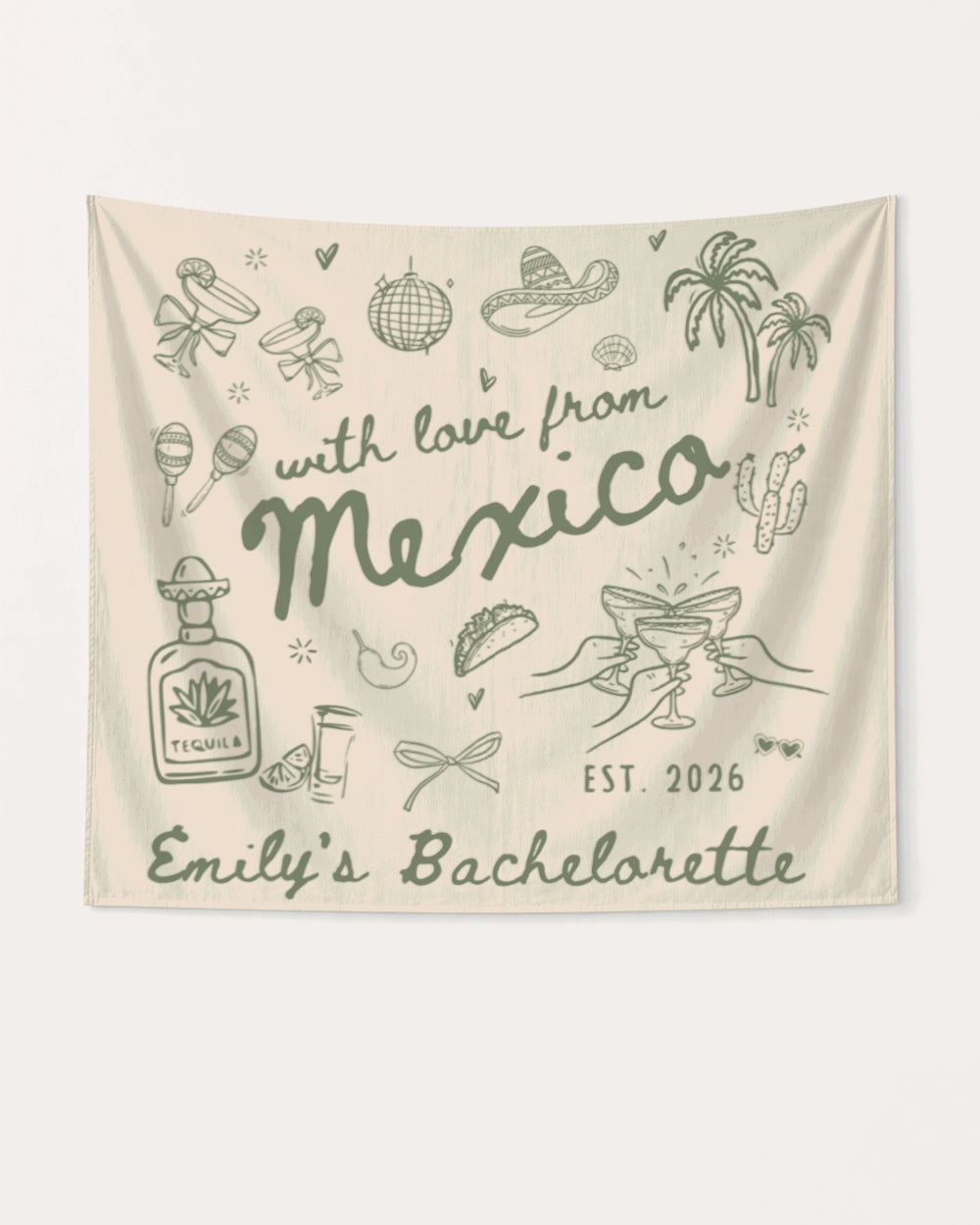 Mexico bachelorette weekend banner with hand-drawn line-art illustration and vintage charm. Personalized with bride name, destination, and year for the full crew celebration.