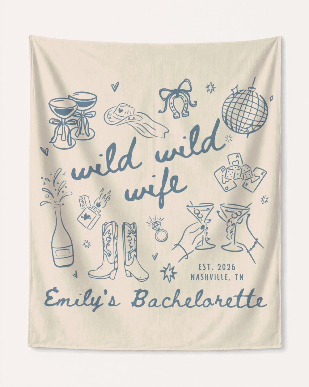 Rectangular bachelorette party banner with playful hand-drawn line-art doodles for a Wild Wild Wife weekend. Personalized with bride name, year, and destination city for the full crew.