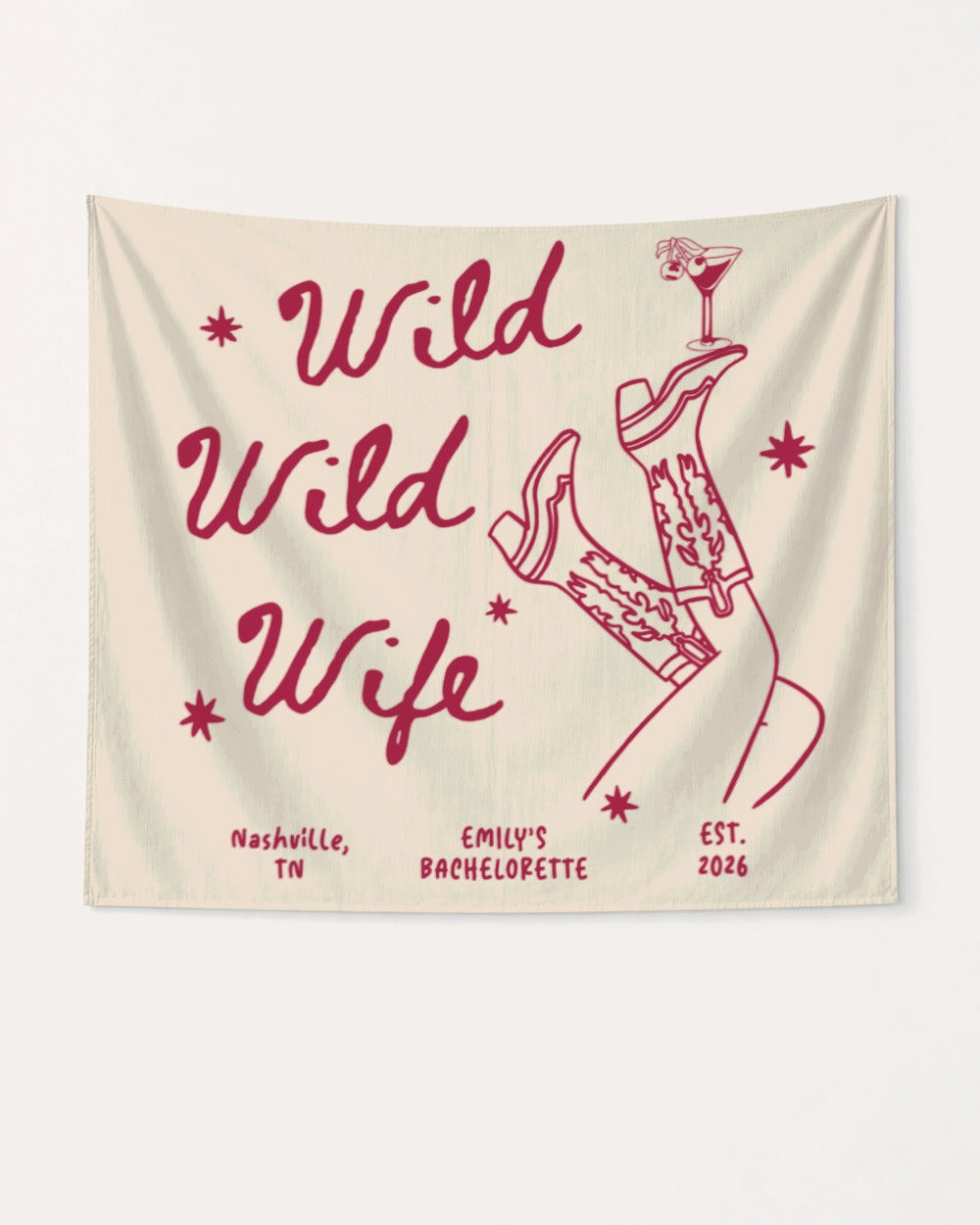 Bachelorette weekend party banner with Wild Wild Wife cowgirl and martini theme. Personalized with bride name, city, and year for the Nashville bach or any destination celebration.