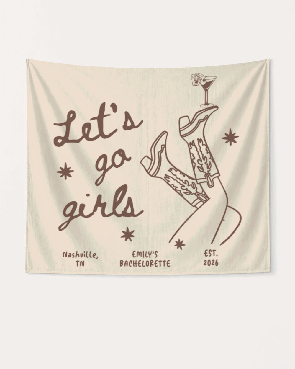 Bachelorette party banner with vintage line-art boots and martini illustration, cursive script lettering. Personalized with bride name, destination city, and year for the full weekend celebration.