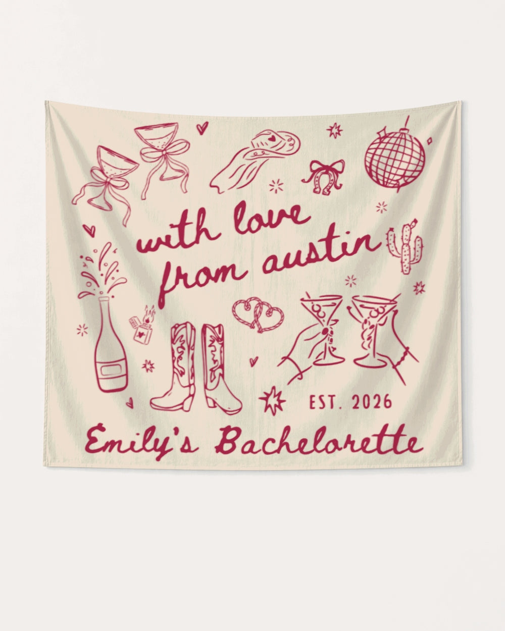 Bachelorette weekend party banner with whimsical doodle script lettering, customizable with bride name, destination city, and EST. year. Perfect for decorating the house, hotel, or venue for the bridal crew.