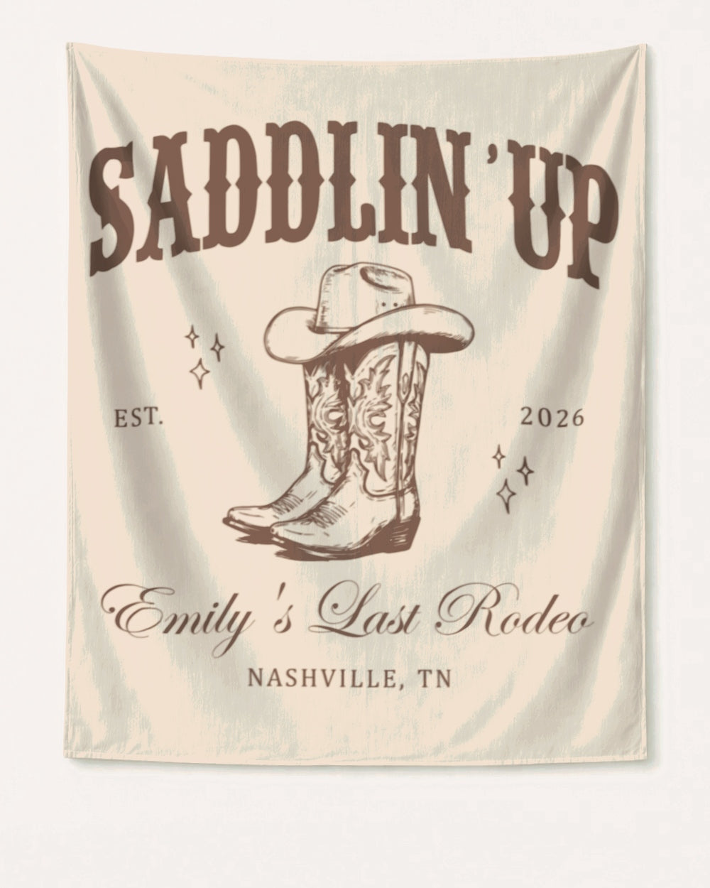 Bachelorette rodeo weekend banner for the Last Rodeo party theme, vintage western style. Personalized with bride name, year, and Nashville or any destination city for the full crew setup.
