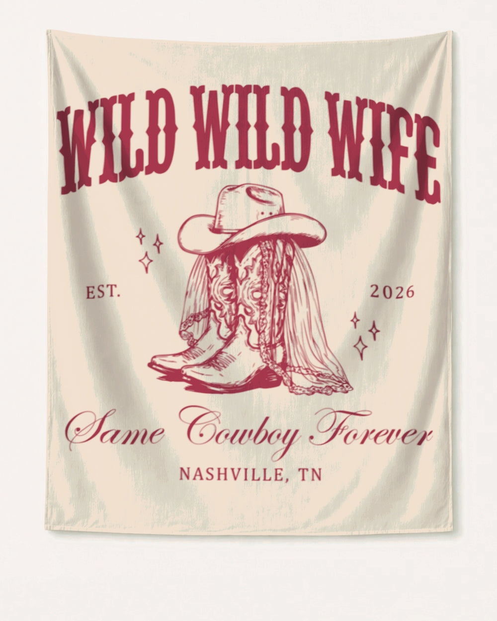 Bachelorette party banner with vintage western cowgirl design for a Nashville or country-theme weekend celebration. Wild Wild Wife script with bride name, year, and destination customizable for the full crew.