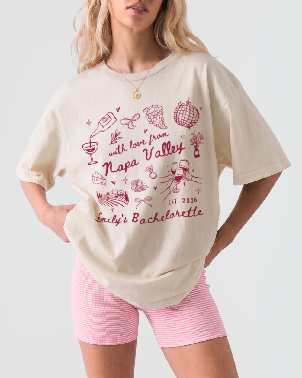 Gift idea for the Napa bachelorette crew: whimsical sketch-art tee personalized with bride name, year, and destination. A keepsake the whole wine-country party will want to keep wearing.
