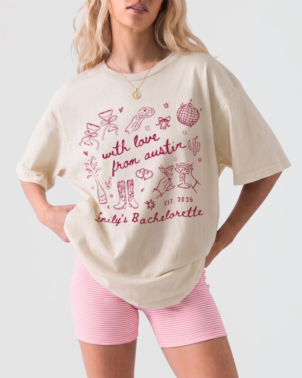 Bachelorette party weekend tee with whimsical line-art doodle script, Austin destination theme. Personalized with bride name, year, and city for the whole crew.