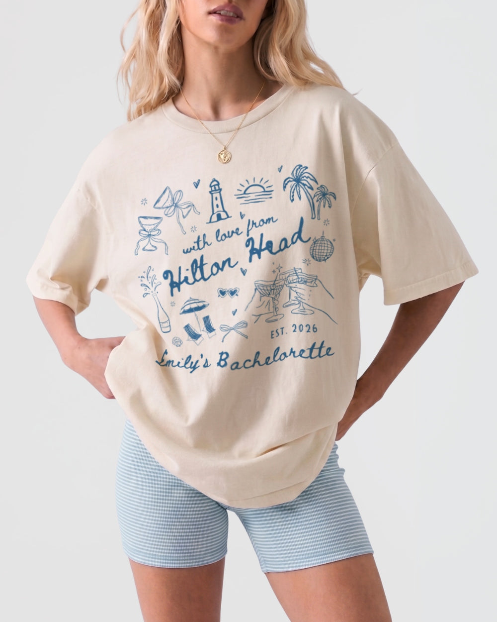 Whimsical line-art doodle bachelorette tee with script typography and hand-drawn bachelorette motifs. Personalized with group name, year, and destination city for the whole bride crew.