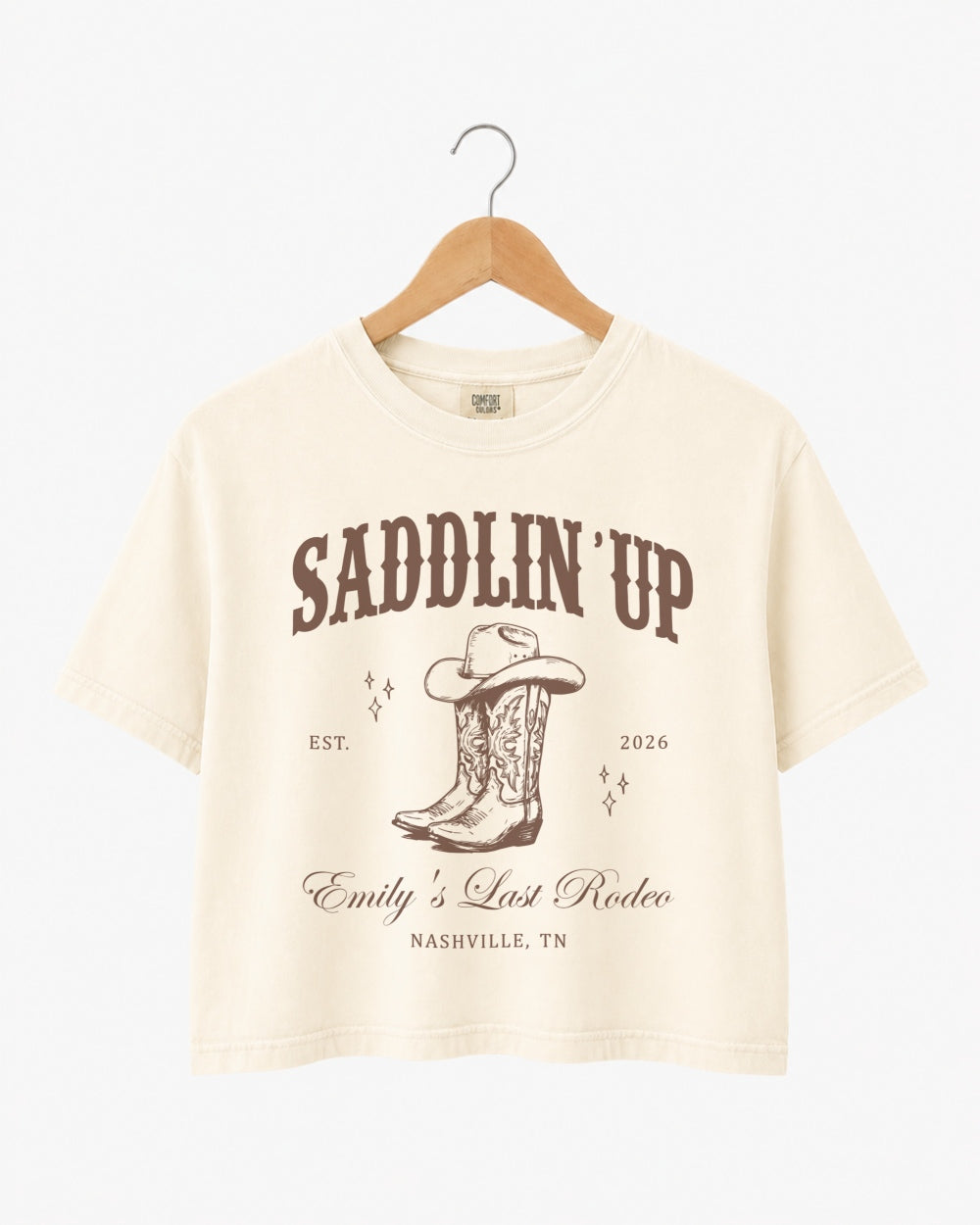 Bachelorette rodeo weekend crop top for the Last Rodeo bride and her crew. Vintage western style with bride name, year, and city customizable for any destination.