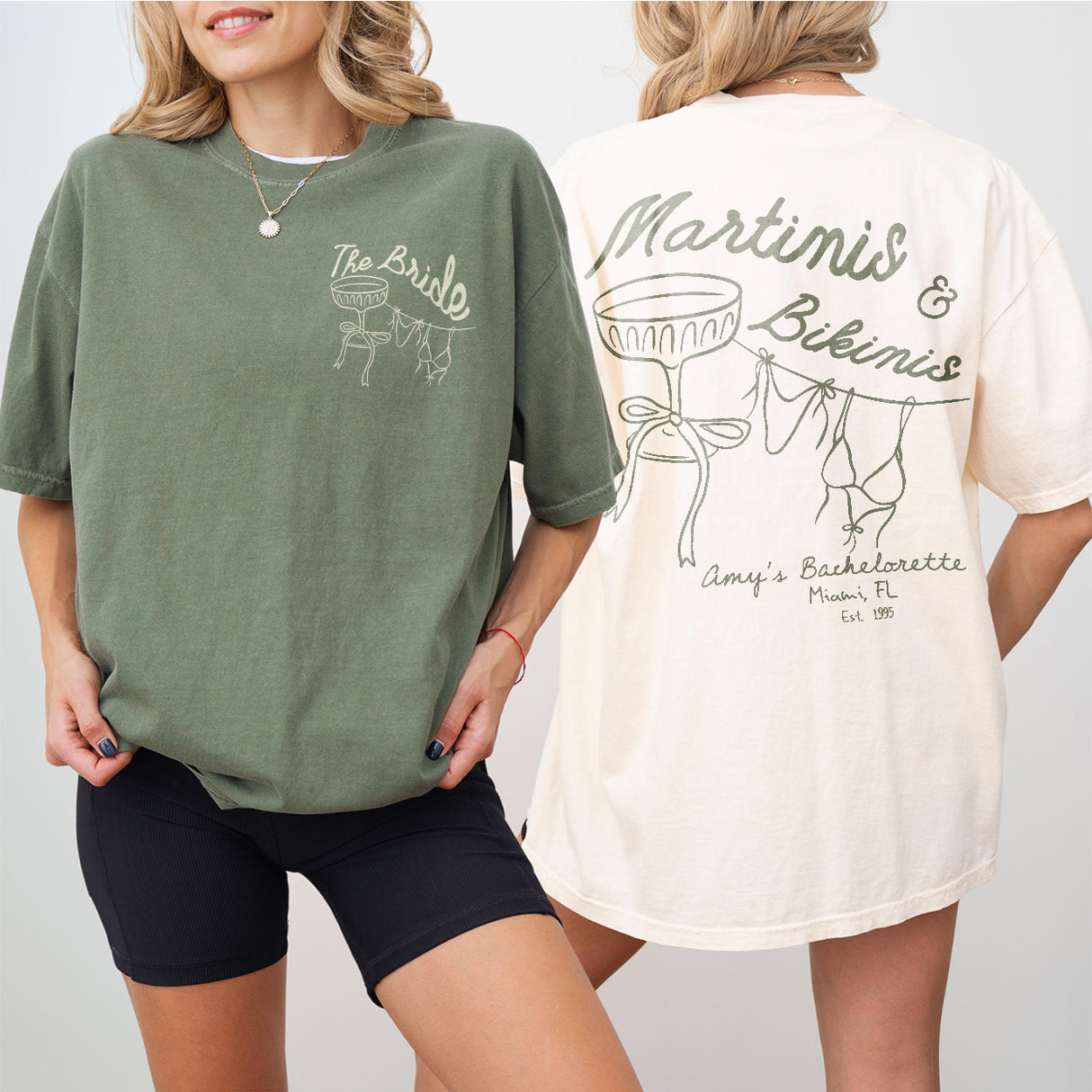 Matching comfort colors shirts for a beach bachelorette party with "Martinis & Bikinis" print, perfect for bridesmaid gifts or a girls weekend trip