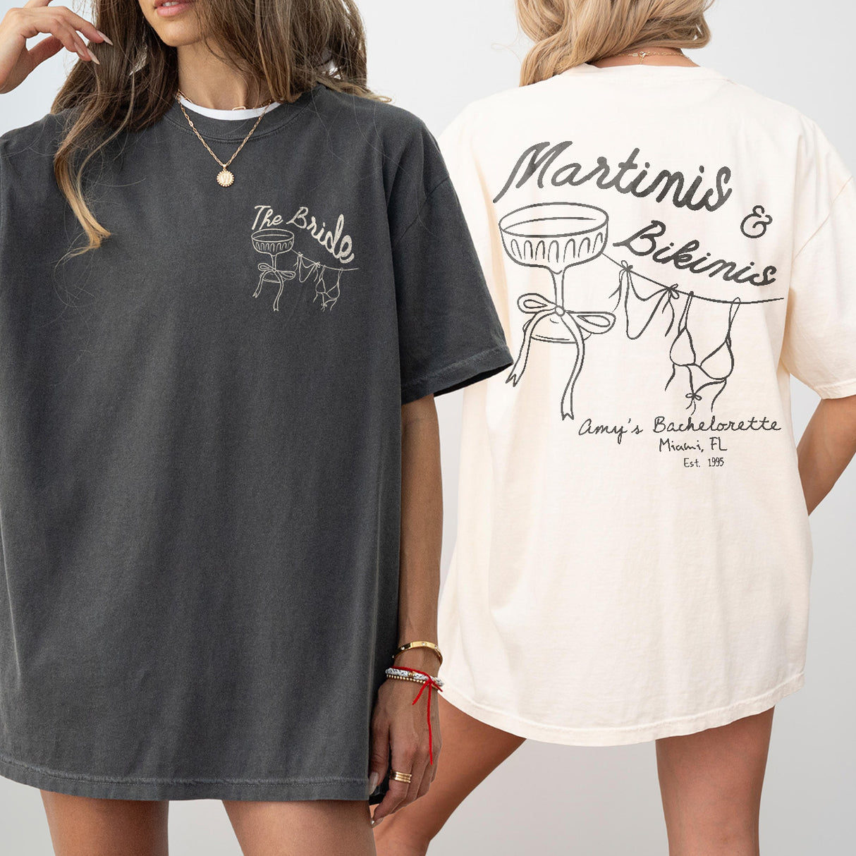 Matching comfort colors shirts for a beach bachelorette party with "Martinis & Bikinis" print, perfect for a girls weekend trip to Miami or Mexico