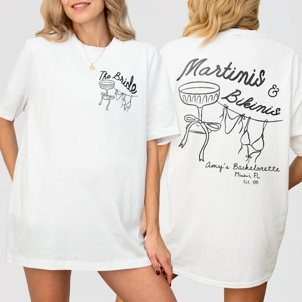 White cotton bachelorette party shirt perfect for a beach weekend or girls trip to Miami or Mexico, featuring a fun martinis and bikinis design