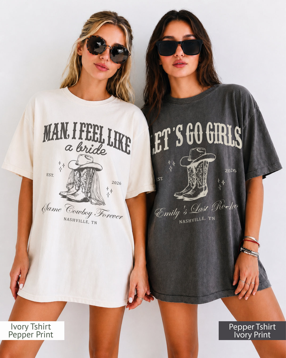 Personalized bachelorette tees with bride name, est. year, and destination city on a vintage western Last Rodeo design. Custom script lettering for the whole bridal party crew.