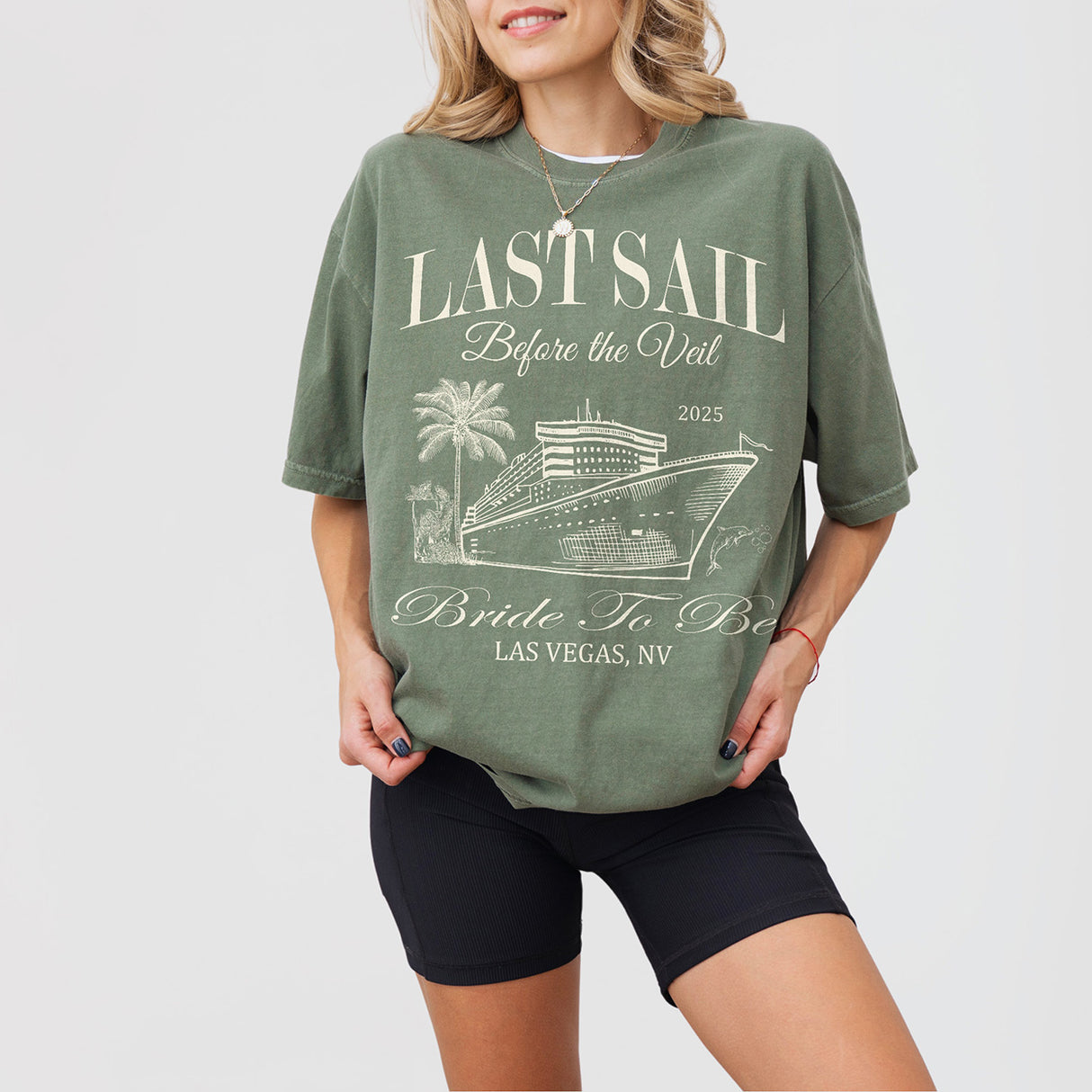 Premium cotton bachelorette t-shirt in moss green with 'Last Sail Before Veil' text by Relatee